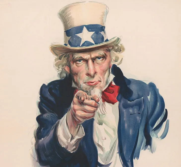 A portion of “I want you for U.S. Army: nearest recruiting station.” Poster by James Montgomery Flagg, ca. 1917.