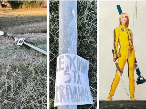 IMAGE: Three pictures about Fleximan, one of a speed camera torn down, another of a note that says “Fleximan sta arrivando” (“Fleximan is coming”), and a third one with a graffiti depicting him as Uma Thurman in Kill Bill