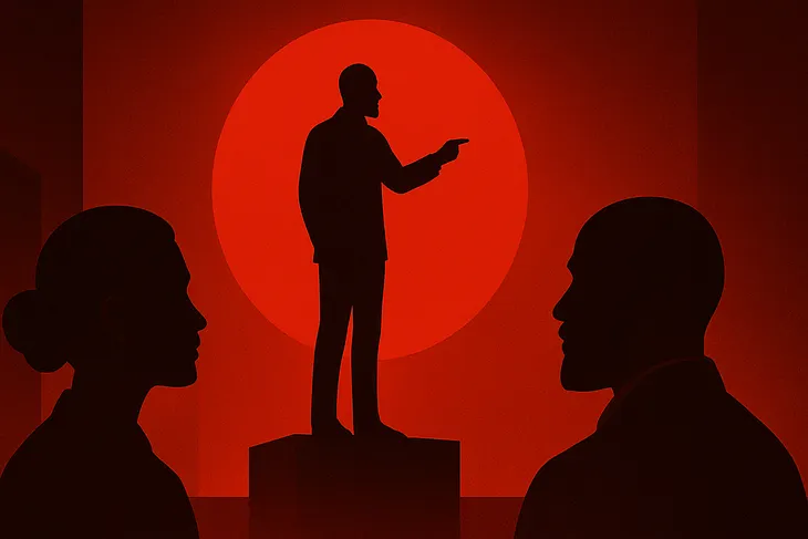 A minimalist red-toned illustration of a bald, bearded man standing on a pedestal and pointing, with a glowing red circle behind him. Two silhouetted observers — a female figure on the left and a male figure on the right — watch attentively.