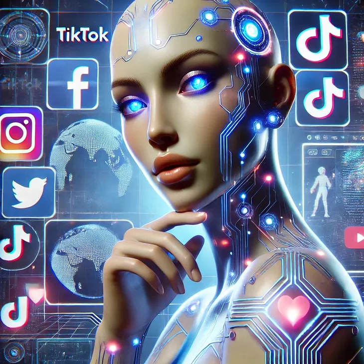 This image showcases the concept of AI-powered virtual influencers in a futuristic, digital marketing landscape. Featuring a humanoid AI influencer with glowing circuits and a background of floating social media icons, it symbolizes innovation and the future of marketing strategies.