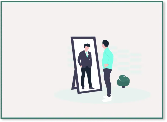 This picture shows a young man in a trainer looking at himself in the mirror wearing a suit. The image represents a step forward at work.