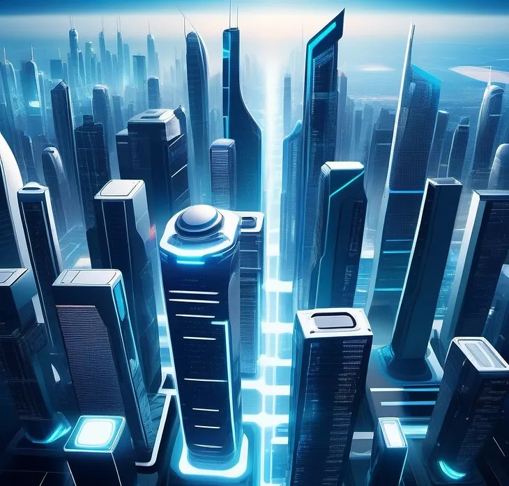 A futuristic cityscape shown from above