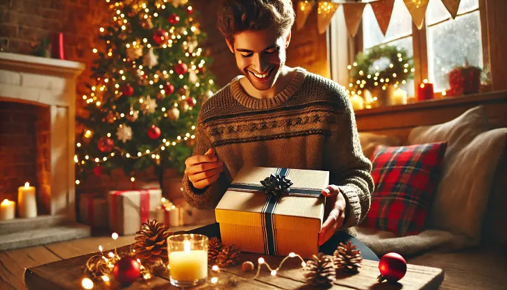 A man sitting in a cozy, festive living room, smiling as he opens a wrapped Christmas gift. The room features a decorated Christmas tree, glowing candles, string lights, and rustic holiday decor, creating a warm and cheerful atmosphere. Perfect for showcasing Christmas gift ideas for men.