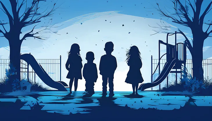 Silhouettes of four children standing in front of a playground with slides and fencing, framed by barren trees and blue-toned lighting in a somber atmosphere.