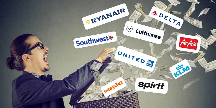 A man throws cash into the air as logos of major airlines including Ryanair, Spirit, Delta, Lufthansa, KLM, and AirAsia fly out of a basket, representing excessive airline fees.