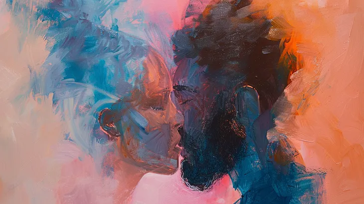 A close-up abstract painting depicting two faces nearly touching, their features blending with bold strokes of peach, blue, and black against a dreamy background.