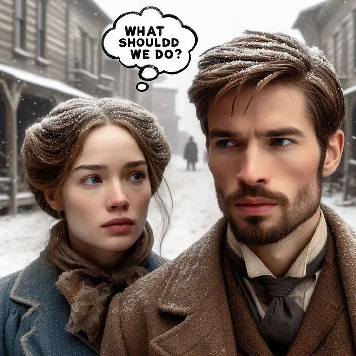 A young couple in a dying old west mining town where it has just begun to snow wonder what to do and where to go.