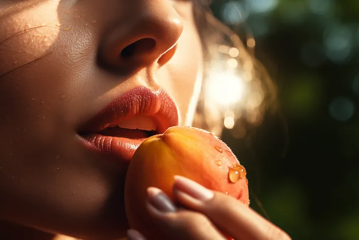 a close crop of a beautiful woman nearly taking a bite out of a juicy peach