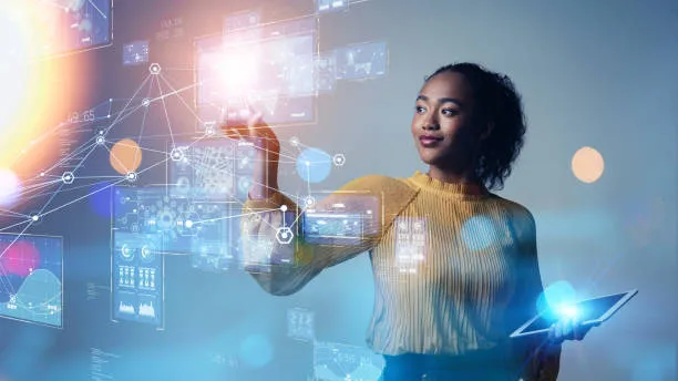 In this image, a woman interacts with a futuristic holographic interface, floating touchscreens alive with data charts and network connections. She gazes confidently at the digital expanse, her hand poised as if to manipulate the complex web of information, illustrating the seamless blend of technology and human interaction.