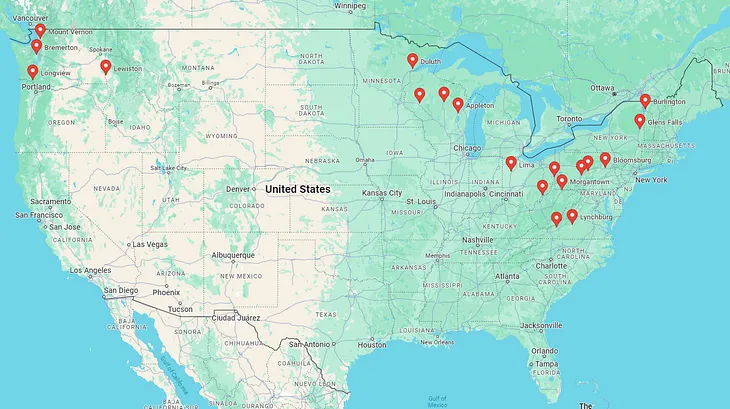 Screenshot of map of the United States with cities identified as safe places to live from natural disasters
