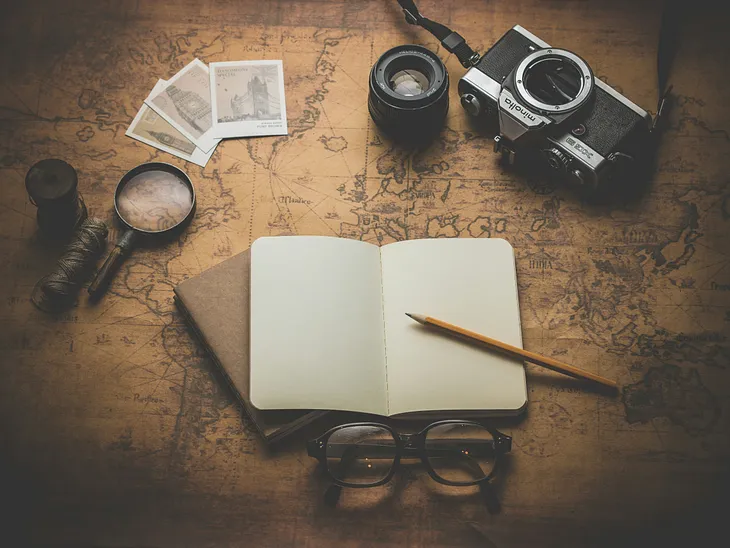 A map, on top of it, a notebook with a pencil, glasses, a camera, a lens, and polaroids.