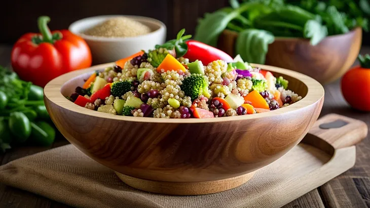 A bowl full of quinoa salad with veggies