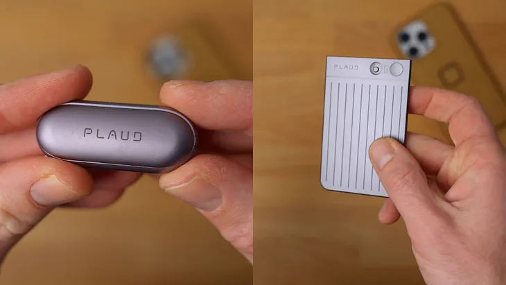 Plaud NotePin left and Plaud Note on the right. Both silver, sleek and minimal.