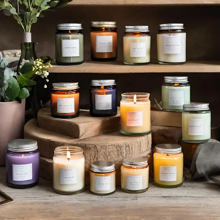 A selection of scented handmade candles are displayed on three tiers of wooden shelving.