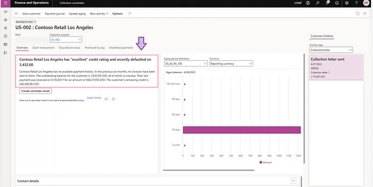 Summary by Copilot of a customer’s account and revenues in Dyn365 Finance