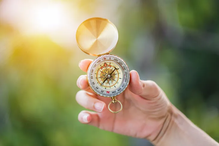 Hand holding a compass with greenery and light in background