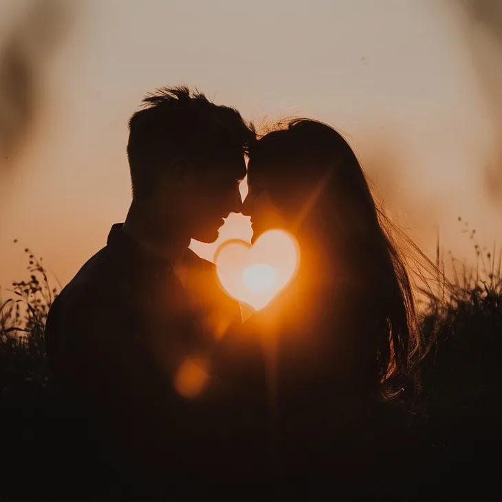 Couple embraces at sunset.