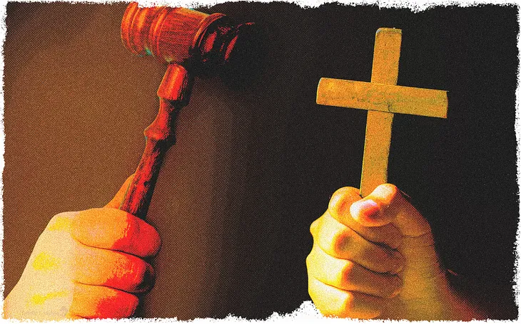 A fight between a gavel and a cross