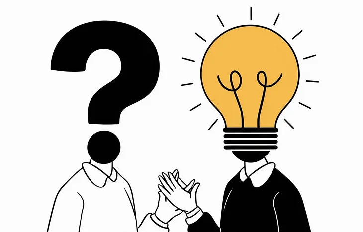 two people conversing, one with a head of a question mark and another with a head of a lightbulb