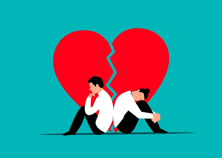 An illustration of a man and woman sitting back to back with a broken heart behind them.