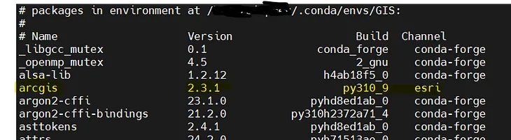 Output of the command conda list shows arcgis module is well installed within the python environment