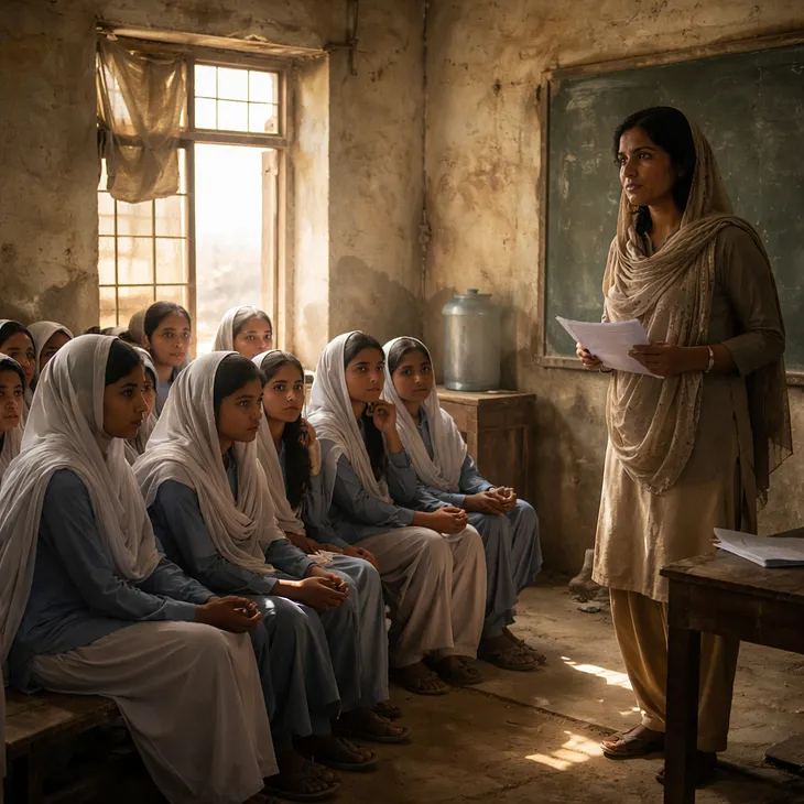 A hot, worn classroom in rural Balochistan where schoolgirls sit listening during a training session, showing determination despite difficult conditions. Balochistan, Pakistan, Arbab Naseebullah Kasi, Arbab, USAID