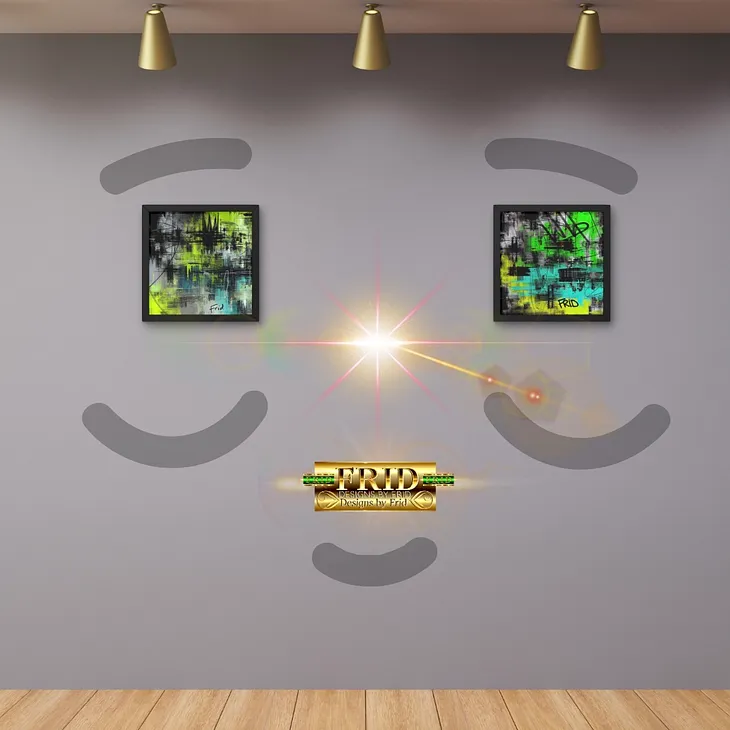 Minimalist gallery-style image showcasing two framed abstract paintings with green and black tones, hung on a light gray wall with subtle smiley face curves. A radiant light effect shines between the frames, adding a sense of focus and energy. Below, a golden plaque reads ‘FRID — Designs by Frid,’ accentuated by decorative green elements. Spotlights above enhance the gallery ambiance, creating a refined, modern presentation that celebrates the artistry and brand identity of Frid’s work.