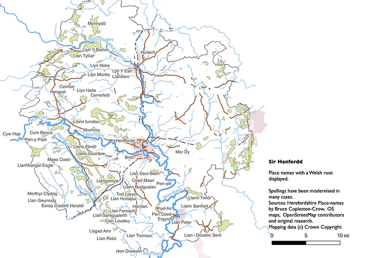 A simplified map of Herefordshire showing the main rivers, patches of green and Welsh names which occur almost entirely to the left hand side of the map and are more concentrated at the bottom