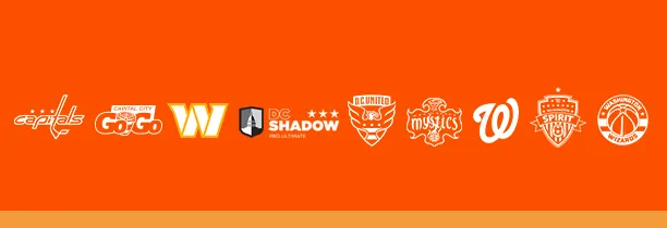 the logos of the Capitals, Capital City Go Go, Commanders, DC Shadow Pro Ultimate, DC United, Mystics, Nationals, Spirit and Wizards on an orange background.