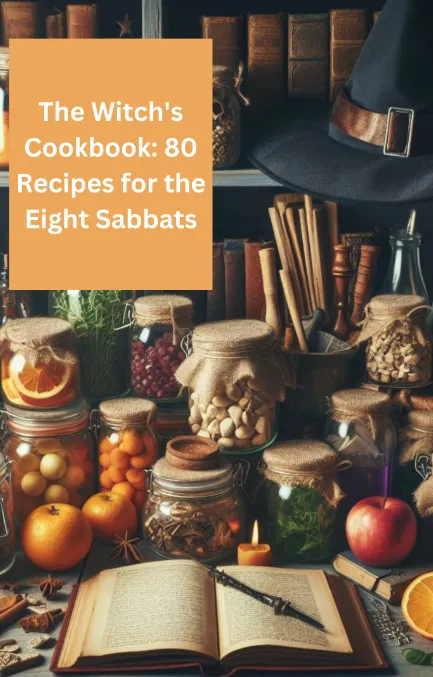 The cover of a book titled “The Witch’s Cookbook: 80 Recipes for the Eight Sabbats”. The text is written in a witches’ font and there is a black cauldron in the center of the cover.