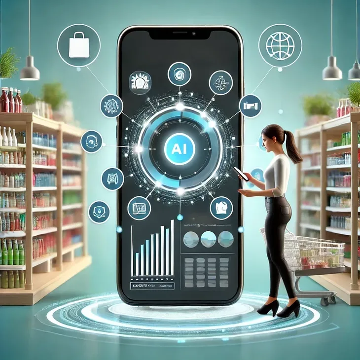 The image features a shopper in a store receiving personalized product recommendations on their mobile device, with elements like store shelves and digital icons representing AI and data analytics. The design is clean and modern, focusing on the retail shopping experience.