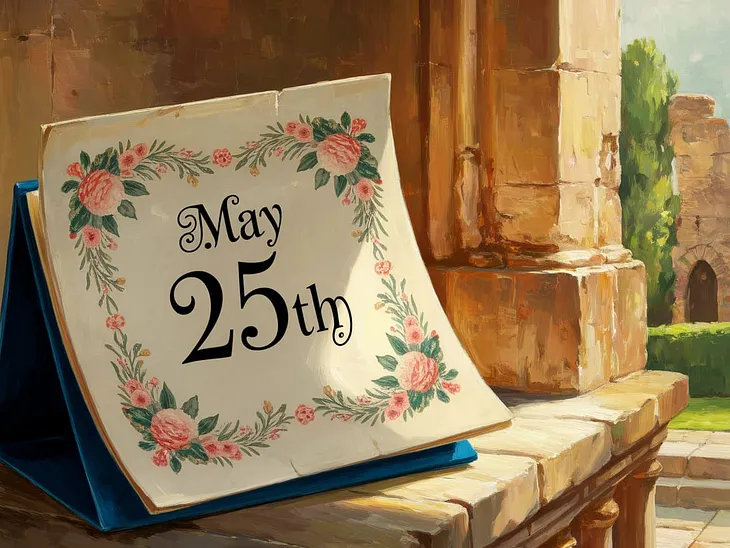 Computer-generated painting of a calendar page that reads “May 25th” with an antique view in the background