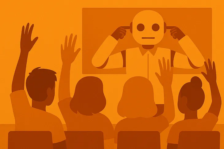 Silhouetted digital illustration in orange tones depicting a classroom where four students raise their hands while a humanoid robot at the front covers its ears. The robot symbolizes AI’s refusal to engage with student voice or dialogue.