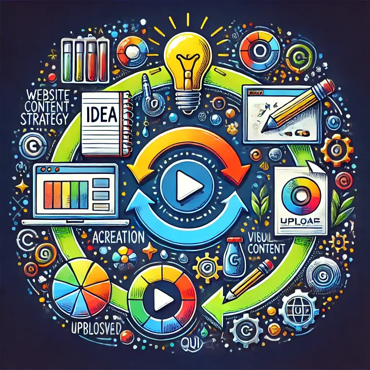 Illustration of website content strategy and lifecycle, featuring interconnected icons for written, visual, and interactive content types, along with a circular flow representing ideation, creation, approval, publishing, and optimization.