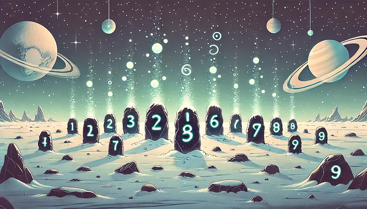 an illustration showing the stones engraved with numbers on the surface of pluto with inter-galactic background