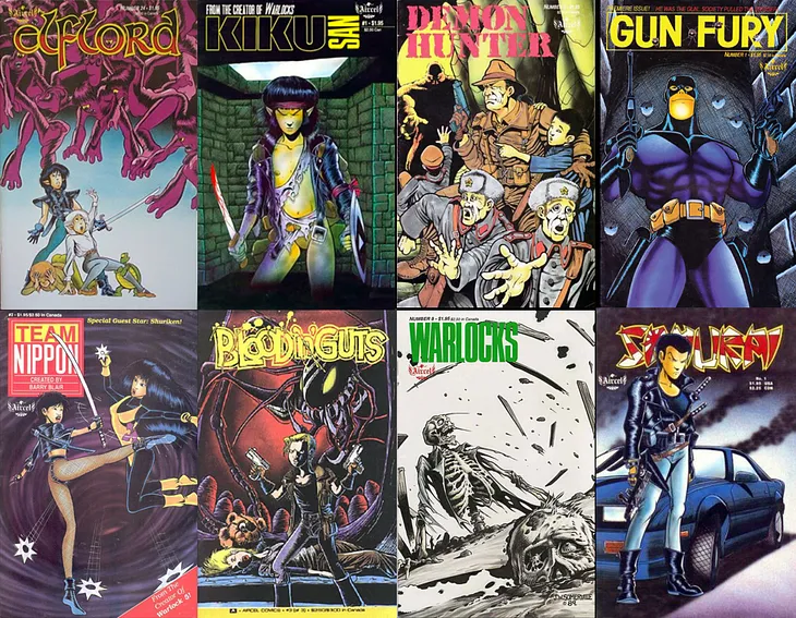 Image includes covers from Elflord, Kiku San, Demon Hunter, Gun Fury, Team Nippon, Blood n Guts, Warlocks, and Samurai