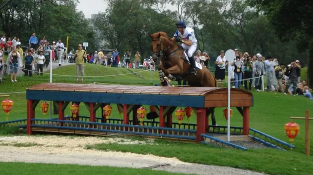 A horse jumps a lantern decorated table top fence at the Beijing Olympics