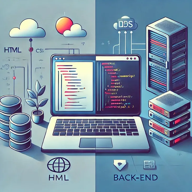 An illustration of the basics of web development, showing a split-screen design with a laptop displaying front-end code (HTML, CSS, JavaScript) on one side, and a server with back-end code and database connections on the other, highlighting the contrast between user-facing and server-side development.