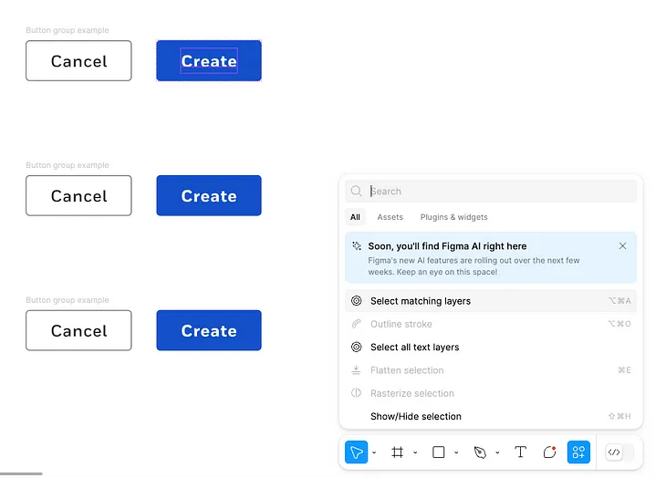 “Select matching layers” tool in the menu of Figma with 6 buttons in the canvas