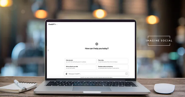 ChatGPT on a computer screen with an Imagine Social logo.