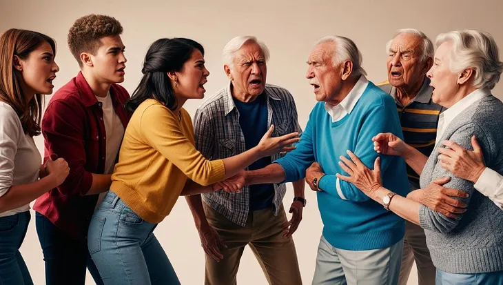 Adult Millenials in verbal argument with aged Baby Boomers