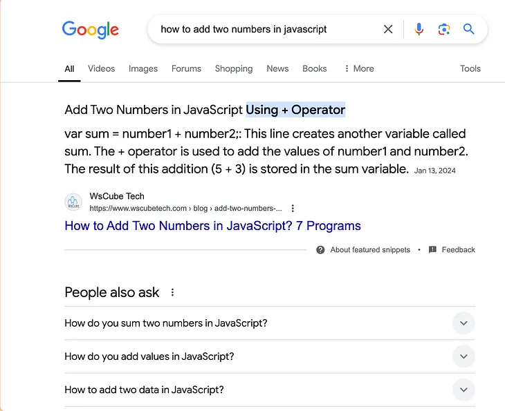 Google results for “how to add two numbers in javascript”