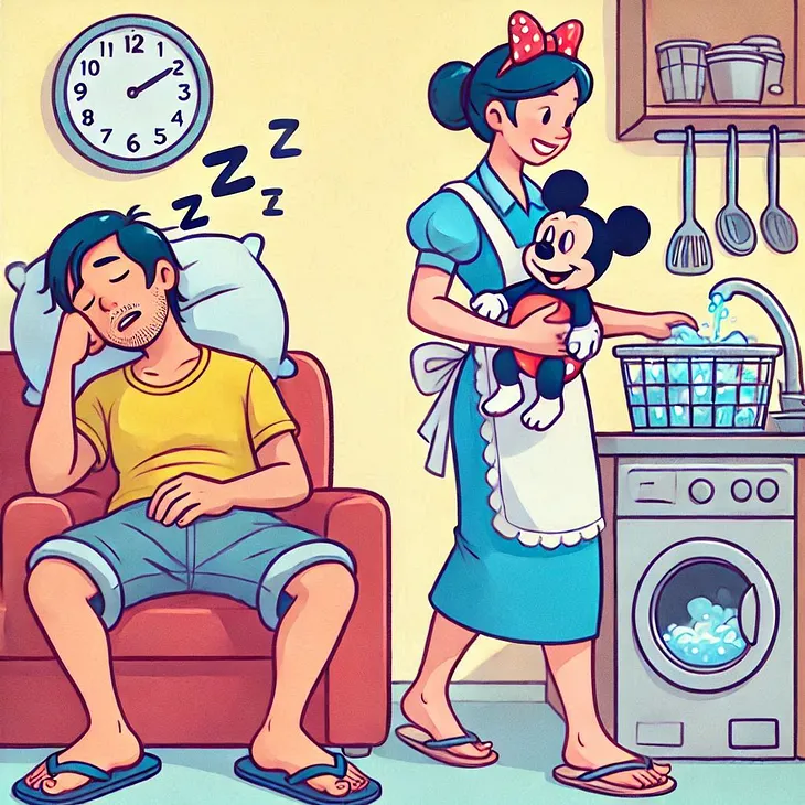 A man sleeping and snoring while his wife is carrying a baby and cleaning utensils.