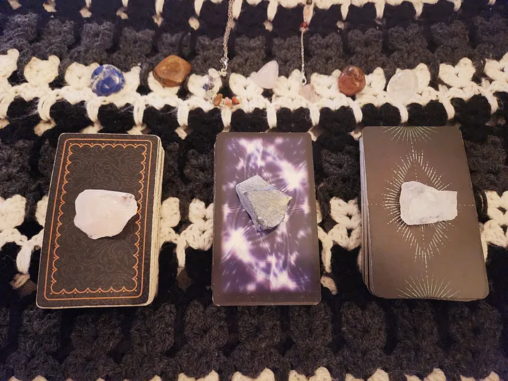 Pick-a-card tarot reading with three crystal piles — spiritual guidance for karma, love, relationships, friendships, and destiny