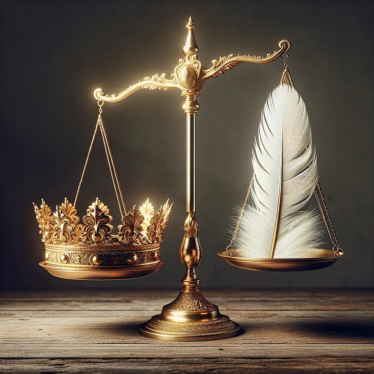 Golden crown on one side of a balanced scale, with a glowing white feather on the other side.