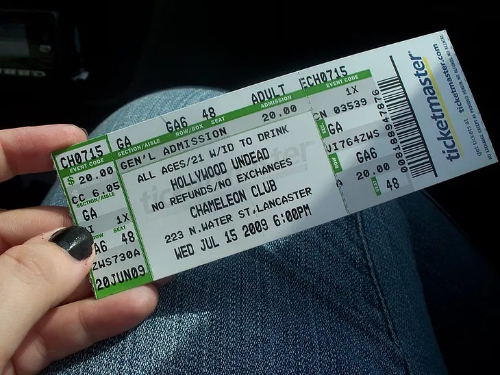 IMAGE: A hand holding a concert ticket for Hollywood Undead, sold by Ticketmaster