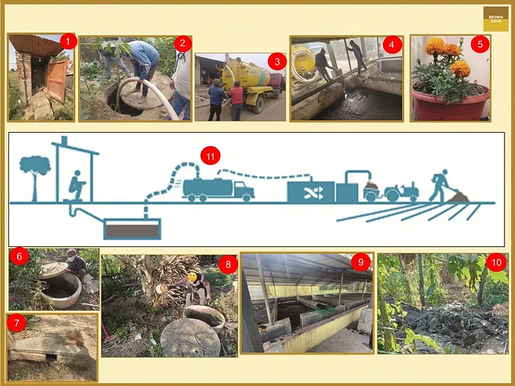 A screenshot of a photo-elicitation sheet used for the Towards Brown Gold project. There are 10 photos, and a graphic in the middle which shows the how faeces can be processed and used as fertiliser.