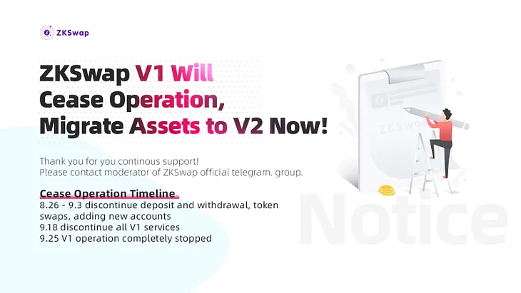 ZKSwap V1 Mainnet Plans to Cease Operation, Users Need to Migrate Asset to V2