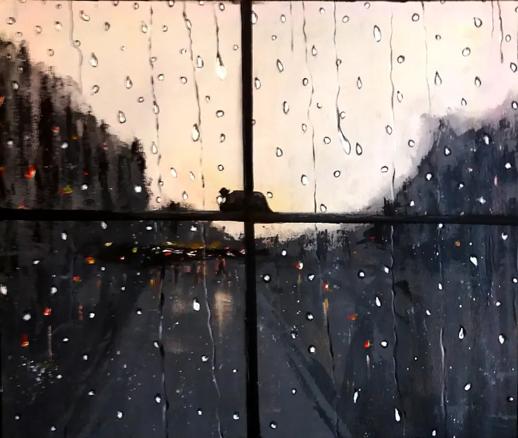 Raindrops on the window, dark rainy street