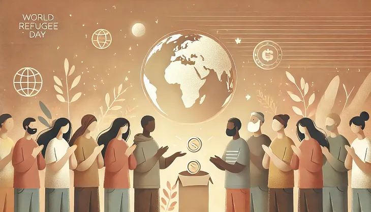 Illustration of diverse people coming together with a subtle globe in the background, featuring symbols of small donations like coins. The image conveys a hopeful and compassionate tone with soft, warm colors.